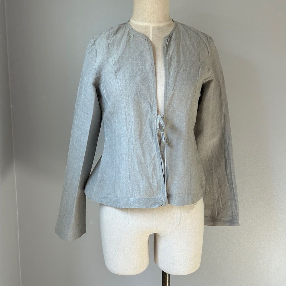 Eileen Fisher Taupe Gray Petite Light LinenJacket Blouse w/Front Tie, Size PP